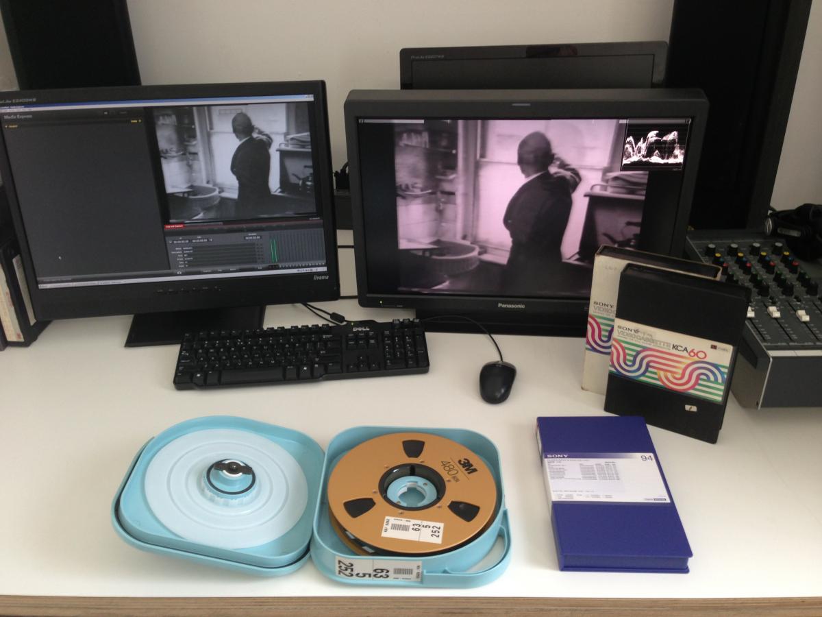 The preservation of Hooykaas and Stansfield's work involves working with various analogue and digital tape formats. Seen here are 1" Type-C 'open reel', U-matic, and Digibeta examples.