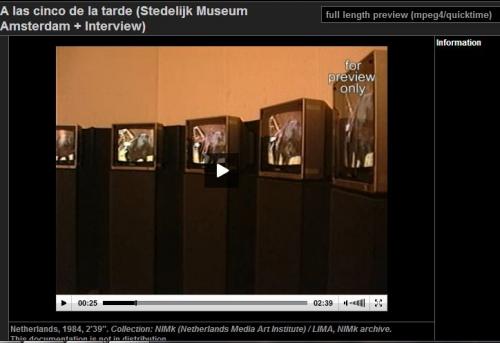 Screenshot of video documentation of 'A las cinco de la tarde' and interview with the artist filmed at the exhibition The Luminous Image at the Stedelijk Museum, Amsterdam 1984.