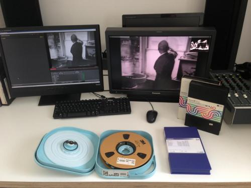 The preservation of Hooykaas and Stansfield's work involves working with various analogue and digital tape formats. Seen here are 1&quot; Type-C 'open reel', U-matic, and Digibeta examples.