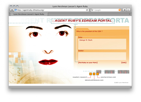 Screenshot van Lynn Hershmann Leeson’s webgebasserde werk Agent Ruby.