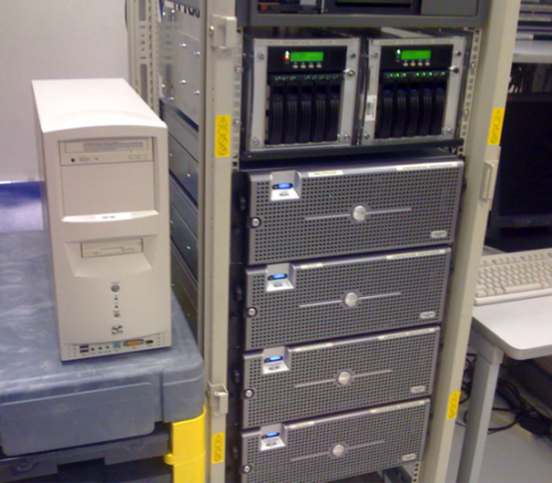 On the left, the original Red Hat server of Lynn Hershmann Leeson's web-based work Agent Ruby next to SFMOMA's VMware servers.